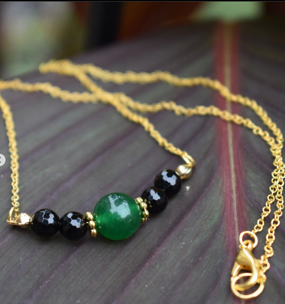 Necklace with Jade stone and small black onyx beads