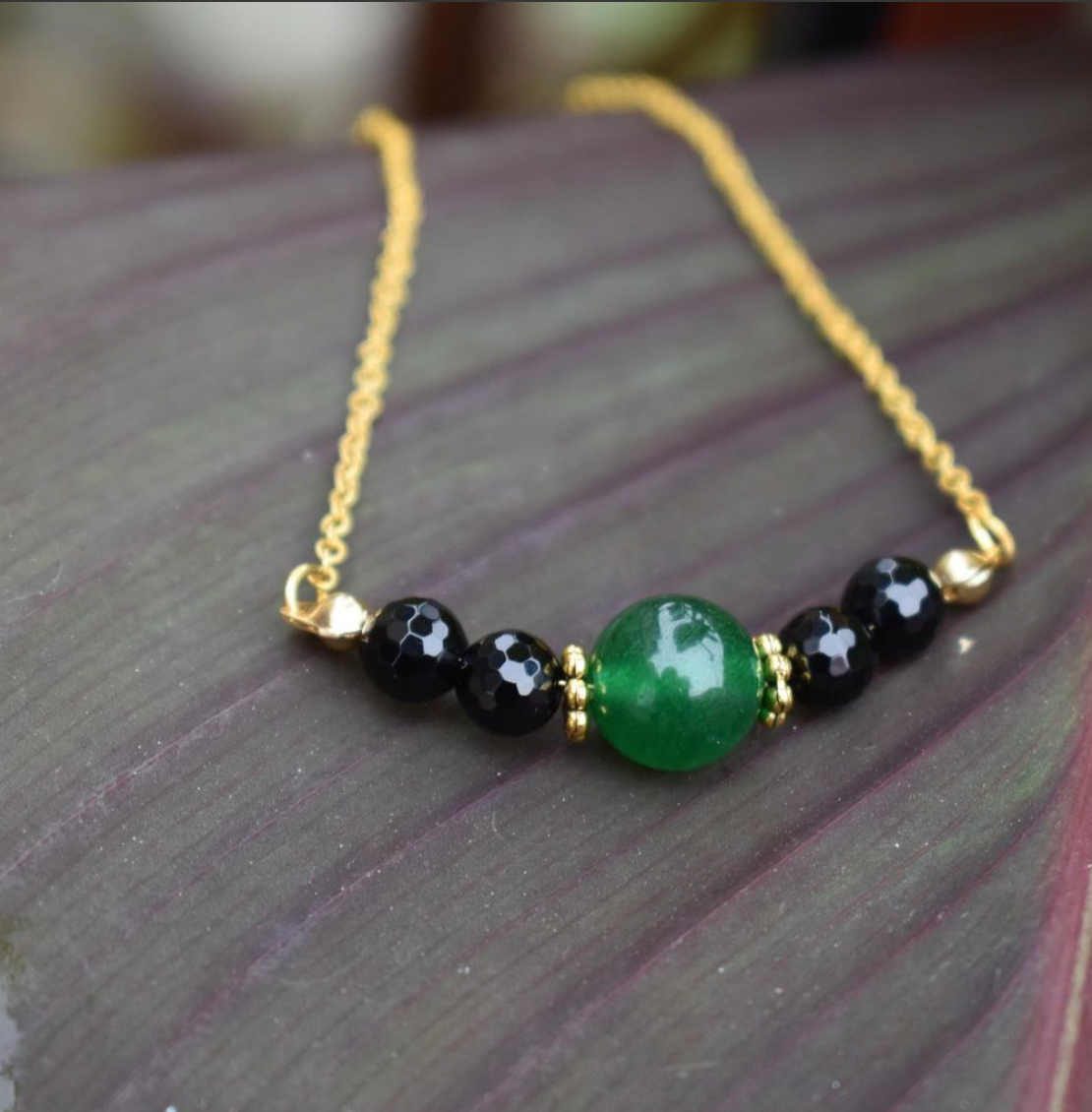 Necklace with Jade stone and small black onyx beads